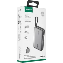 УМБ Ugreen 20000mAh PB550 67W USB-A, USB-C In/Out, with built-in USB-C cable Grey - мініатюра 2