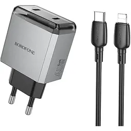 МЗП Borofone BN21 Lena PD40W+QC3.0 (2USB-C) + кабель Type-C to Lightning Metal gray