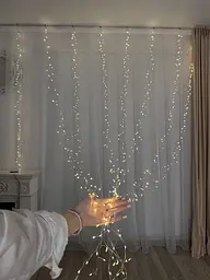Світлодіодна гірлянда водоспад-штора Роса мішура дощ 3x3 м 900 LED тепле біле світло білий провід з пультом 8 режимів - мініатюра 7