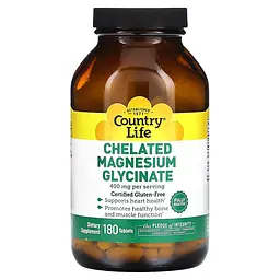 Гліцинат магнію Country Life Chelated Magnesium Glycinate 400 mg, 180 таблеток для підтримки серця та м'язів