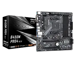 Мат.плата AM4 (B450) AsRock B450M Pro4 R2.0, B450, 4xDDR4, CrossFire, Int.Video(CPU), 4xSATA3, 1xM.2, 1xPCI-E 16x 3.0, 1xPCI-E 16x 2.0, 1xPCI-E 1x 2.0, ALC892, RTL8111H, 8xUSB3.2/4xUSB2.0, VGA/DVI-D/HDMI, MicroATX