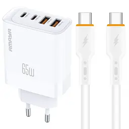 МЗП Amaya E101F PD65W+QC3.0 GaN (2USB-A/2C) + кабель Type-C to Type-C White