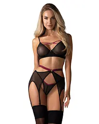 Комплект Obsessive Novenes 3-pcs set, XL/2XL, прозорий ліф на кісточках, стрінги, пояс - мініатюра 1