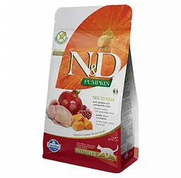 Сухий беззерновий корм для стерилізованих кішок Farmina N&D Grain Free Pumpkin Cat Quail&Pomegranate Neutered, гарбуз, перепілка та гранат, 1,5 кг