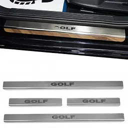 Накладки на пороги для Volkswagen Golf V / Golf Plus Хэтчбек 2004-2014 Нержавіюча сталь із загином та Логотипом 4 шт (Premium P-VW06)