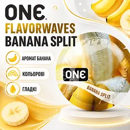 Презерватив ONE FlavorWaves Banana Split, ароматизований гладкий латексний презерватив зі смаком банана, кольоровий, змащений