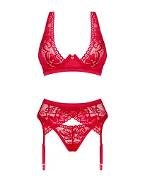 Комплект білизни Obsessive Lacelove cupless 3-pcs set M/L Red, бюстгальтер, стрінги, пояс для панчіх - мініатюра 3