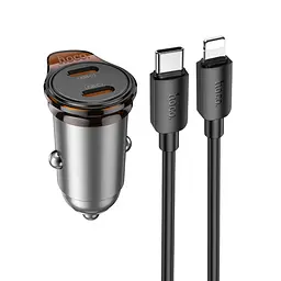 Автомобільний зарядний пристрій Hoco NZ16B 2 Type-C PD 45W metal grey + кабель Type-C to Lightning