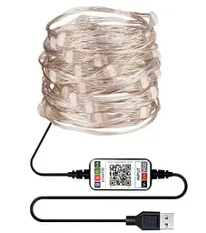 Світлодіодна стрічка RGB Led гірлянда Bluetooth керування з телефону на мідному дроті Крапля роси UKC 10 метрів