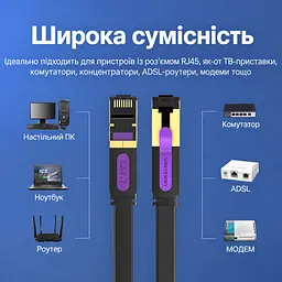 Плоский мережевий патч-кабель Ethernet Cat.7 Vention 1 м 2 роз’єми RJ45 8P8C Швидкість передавання до 10 Гбіт/с Для 10 Гбіт/с потрібна підтримка цієї швидкості мережевими портами з обох кінців Зручно прокладати у вузьких місцях під килимами та біля дверних стиків Фольгове екранування Чорний із фіолетовими акцентами та золотистими контактними поверхнями (ICABF) - мініатюра 4