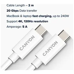Кабель USB Type-C Canyon Type-C to Type-C 2m Білий (CNS-USBC42W) - мініатюра 3