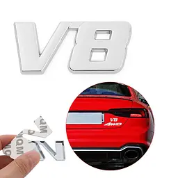 Емблема напис V8 59х26 мм Хром на скотчі метал (Завод) - мініатюра 3
