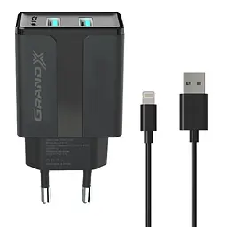 Зарядний пристрій Grand-X 5 В 2.1 А чорний + кабель USB-A — Lightning (CH15LTB)