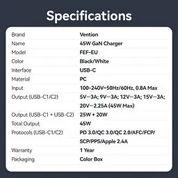 Зарядний пристрій Vention 2xUSB-C PD45W GaN transparent white (FCFW0-EU) - мініатюра 5