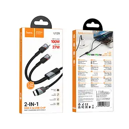 Дата кабель Hoco U139 Type-C to Lightning/Type-C 100W (1.2m) Black - мініатюра 3