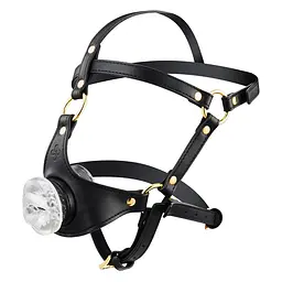 Маска-збруя для мінету LOCKINK SEVANDA Blowjob Head Harness, чорна, з м’якою вставкою у вигляді губ - мініатюра 2