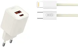 Мережевий зарядний пристрій XO L147 double USB-A/USB-C 20W 3A with Lightning-Type-C cable Beige