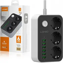 Мережевий фільтр подовжувач чорний 3 розетки з 6 USB 2м із захистом із заземленням LDNIO SE3631 2500W 10A - мініатюра 3