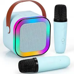 Колонка караоке та 2 мікрофони зі зміною голосу Bluetooth колонка з RGB підсвічуванням UKC K2 блакитна
