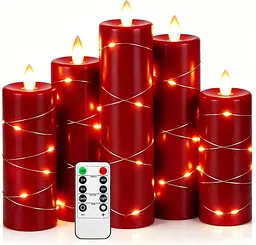 Декоративні воскові LED свічки з гірляндою, таймером та пультом, комплект 5 шт
