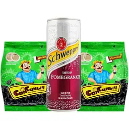 Набір: насіння соняшника Сан Санич смажене солоне 220 г (110 г х 2 шт.) + напій Schweppes Pomegranate безалкогольний 330 мл