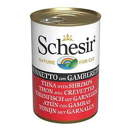 Вологий корм для котів Schesir Tuna with Shrimps Шезір Тунець із Креветками в желе натуральні консерви банка 140 г (273598)