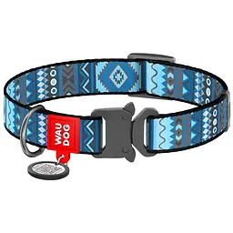 Нашийник для собак Waudog Nylon Етно синій, з QR паспортом, металева пряжка-фастекс, L, 31-49х2,5 см