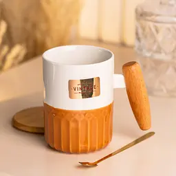 Чашка порцелянова 400 мл Vintage з бамбуковою кришкою та ложкою, помаранчевий з білим Happy Life HP7204BR - мініатюра 15