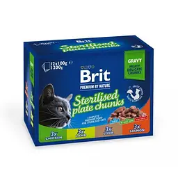Вологий корм Brit Premium Cat Набір павучів сімейна тарілка для стерилізованих кішок, асорті 4 смаки, 100 г х 12 шт.