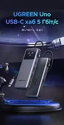 USB-C хаб UGREEN Uno CM889 6 в 1 3 USB-A 3.0 + 1 USB-C 3.0 для даних до 5 Гбіт/с HDMI до 4K 60 Гц / 2K 144 Гц / 1080p 240 Гц вхід USB-C PD 3.0 до 100 Вт хост до 90 Вт без споживача на виході PD або до 70 Вт із ним заряджання периферії через USB-C PD 3.0 до 20 Вт HDMI потребує USB-C хоста з DisplayPort Alt Mode кнопка ввімкнення/вимкнення HDMI LED-дисплей стану підключень дублювання/розширення без драйверів сірий із чорною панеллю (75177) - мініатюра 12