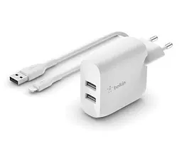 Мережевий зарядний пристрій Belkin, білий, 24 Вт, 2xUSB, кабель USB - Lightning 1м (WCD001VF1MWH)