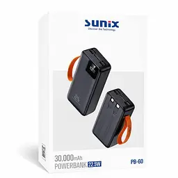 Павербанк Sunix PB-60 Black 30000 mAh 22.5W зовнішній акумулятор Power Bank з дисплеєм та вбудованими кабелями Чорний