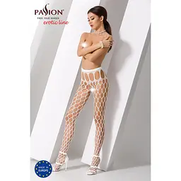 Еротичні колготки-бодістокінг Passion S021 white, в крупну сітку з високим паском - мініатюра 2