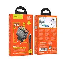 МЗП Hoco N34 Dazzling dual-port PD20W + QC3.0 charger set (Type-C to Type-C) (EU) Transparent Black - мініатюра 2