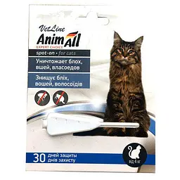 Краплі AnimAll VetLine Спот-Он проти бліх вошей волосоїдів для котів від 4 до 10 кг 1 мл