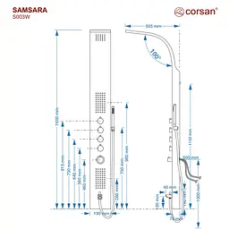 Душова панель Corsan Samsara black з виливом S003MBLW, Чорний матовий - мініатюра 2