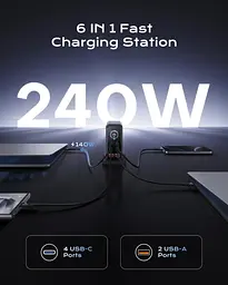 Зарядний адаптер - станція хаб живлення Asometech HW186 6-в-1 GaN 240W USB Type-C 6 портів - мініатюра 4