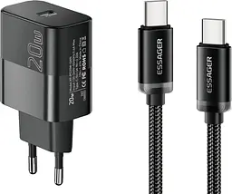 Комплект Essager: зарядний пристрій 20W (USB-C) + кабель USB-C-USB-C, EU, чорний