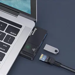 Мультипортовий адаптер USB Хаб Baseus Multi-Functional USB A to RJ45*1+USB3.0*2 CAHUB-FP01 Black - мініатюра 7