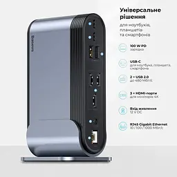 USB-хаб Baseus UnionJoy 17-Port Triple-Display Docking Station Space Grey(USB-C to HDMI4K@60Hz*2+DP4K@60Hz*1+USB3.0*3+USB-C3.0*2+USB2.0*2+PD*1+PC*1+ (B00532304811-00) - мініатюра 10