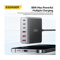 Зарядний пристрій Essager 3xUSB-C + 3xUSB-A 85W GaN black (EZC85W-SXB0G-Z) - мініатюра 6