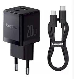 МЗП Baseus Palm Fast Charger Type-C+USB 20W + Cable Type-C to Type-C P101111608113-01 Black
