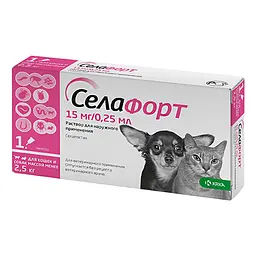 Краплі KRKA Селафорт від бліх кліщів та гельмінтів для собак та котів вагою до 2.5 кг 1 піпетка