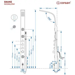 Душова панель Corsan Snake black LED з виливом S002MBLLEDW, Чорний матовий - мініатюра 2