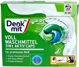Капсули для прання білої білизни Denkmit Vollwaschmittel 3in1 Aktiv Caps (22 шт.)