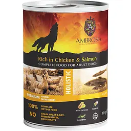 Вологий корм для дорослих собак Ambrosia Wet Food шматочки в паштеті курка та лосось 395 г
