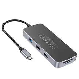 Мульти адаптер хаб Hoco HB33 10в1 Type-C to USB 3.0/ 2 USB 2.0/ Type-C/ HDMI/ VGA/ RJ45/ AUX/ SD/ TF PD 100W 0.18m сірий - мініатюра 7