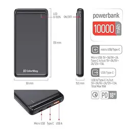 Універсальна мобільна батарея 10000 mAh, Black, 18 Вт ColorWay teh0027641 - мініатюра 3