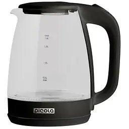 Електрочайник Picola PEK-06, чорний, 1500W, 1.8 л, скло, дисковий, LED-підсвічування, індикатор рівня води