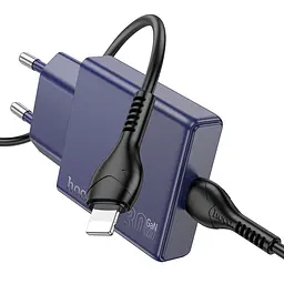 Мережевий зарядний пристрій Hoco N44 Type-C PD 30W + кабель Type-C to Lightning titanium синій
